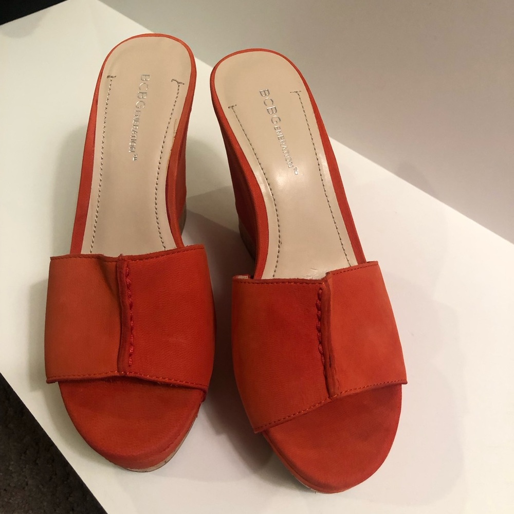 BCBGeneration Rexx wedge sandal orange heel. Womens 7B. Excellent used condition